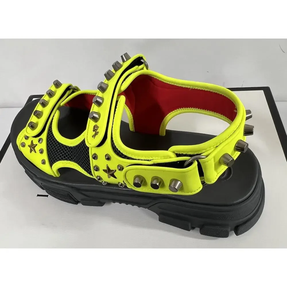 NIB Gucci Aguru Neon Yellow Floral/Star Detail Studded Sandal 11EU/12US $1150.00